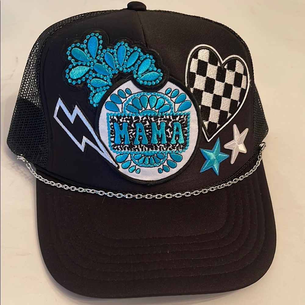 Black Trucker Hat with Blue Embellishments